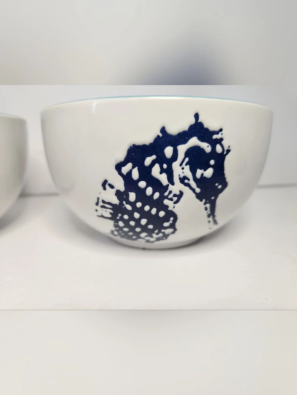 Coastal Ceramic Bowl Pair in White with Blue Interior